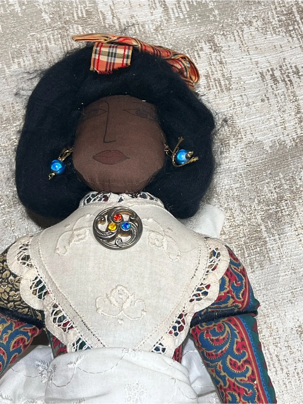 Handmade 22 in Cloth Rag Doll, Dark Girl w/ Black Curly Hair, Victorian